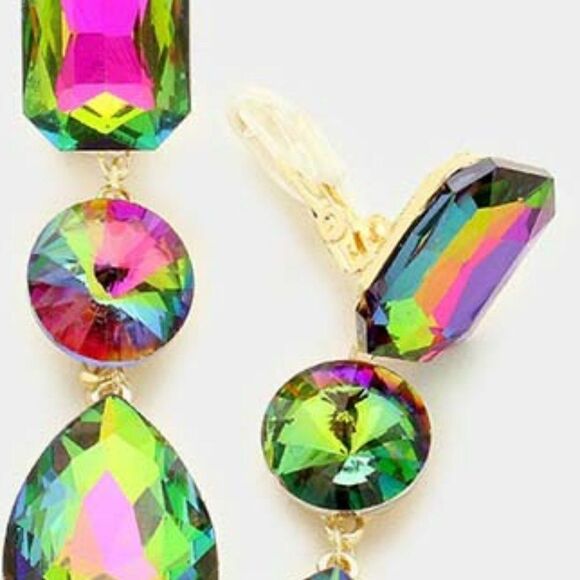 Triple Oil Spill Crystal Clip On Evening Earrings NWT - Picture 2 of 6